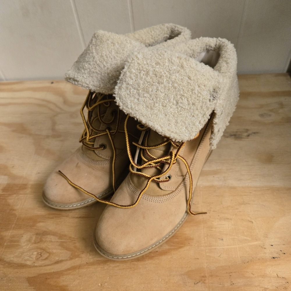 Timberland Boots Womens 7.5  Wedge Sherpa Fold Down Ankle Booties Tan Suede